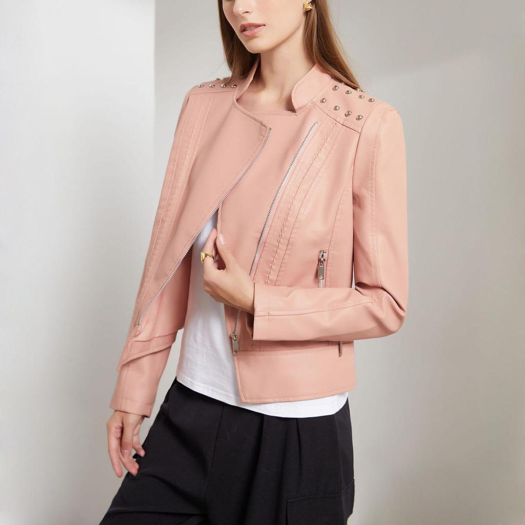 Women Faux Leather Jacket Moto Biker Short Coat PU Motorcycle Racer Lapel Collar Crop Blazer Punk Rock Stylish Outwear with Rivets Fashion Tops Outfit