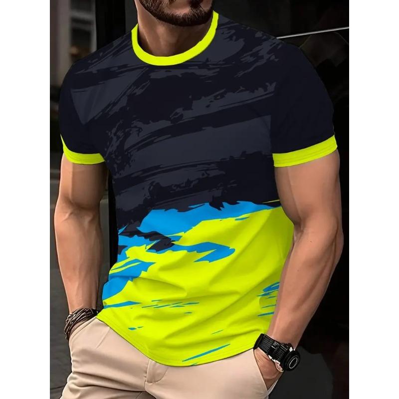 Summer Round Neck 3D Contrast Color Print Top Fashionable Casual Short Sleeved Men's T-shirts