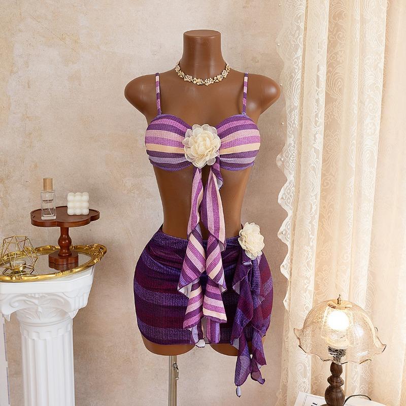 Купальник В полоску сетчатый трехсекционный юбка сексуальный бикини купальник S фиолетовый