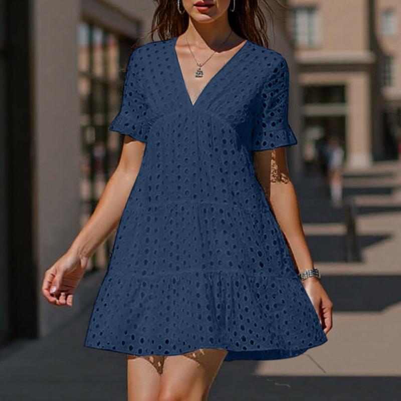 

ZANZEA Women Casual V-Neck Short Sleeve Summer Patchwork Crochet Dress 5XL