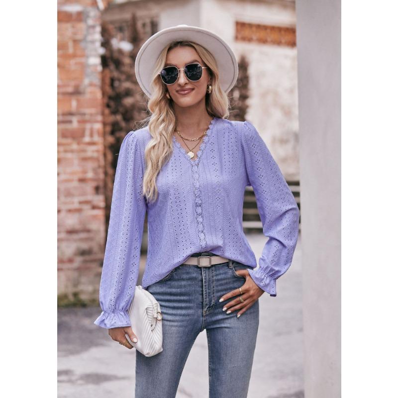 Spring and Autumn Women's Solid Colour Hole Lace V-Neck Long Sleeve Top