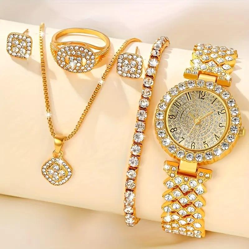 6pcs Women's Watch Set, Women's Fashionable and Casual Quartz Watch and Necklace Bracelet Ring Earring Accessory Set