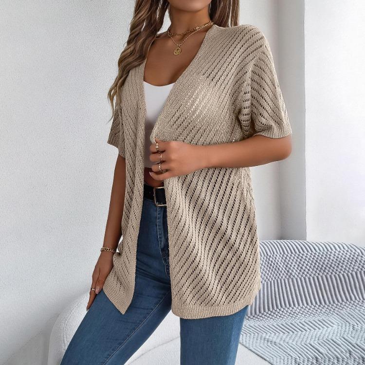 Women's Elegant V Neck Loose Knitted Cardigan Solid Check Sweater Tops for Spring Summer Fashion