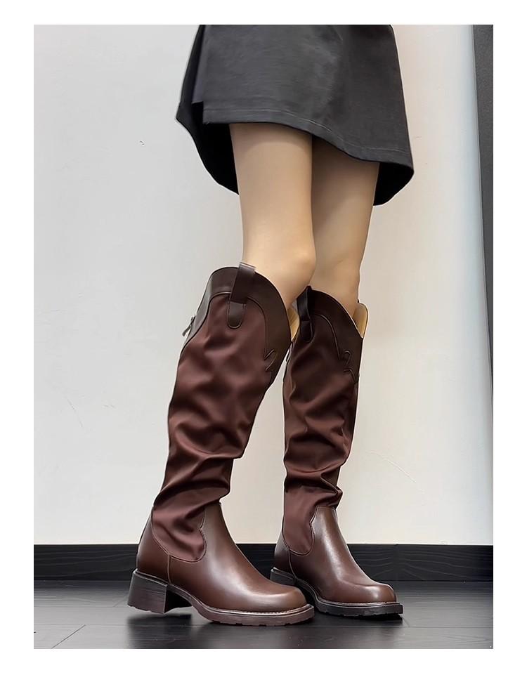 Coarse heel pleated high tube stacking boots women's 2025 new versatile but knee boots women's retro western knight boots