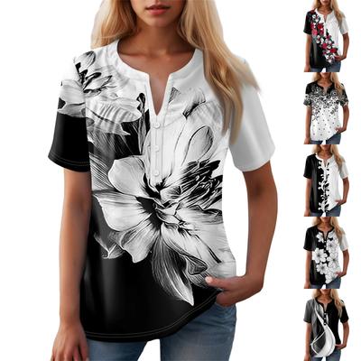 Damen-T-Shirt mit lässigem Blumendruck, V-Ausschnitt, kurzen Ärmeln und dekorativen Knöpfen