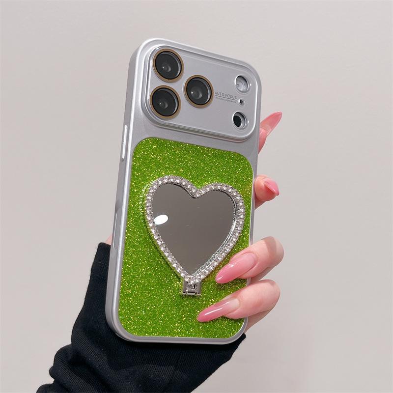 Glitter Heart Mirror Stand Case for iPhone 13/14/15/16/17 Pro Max