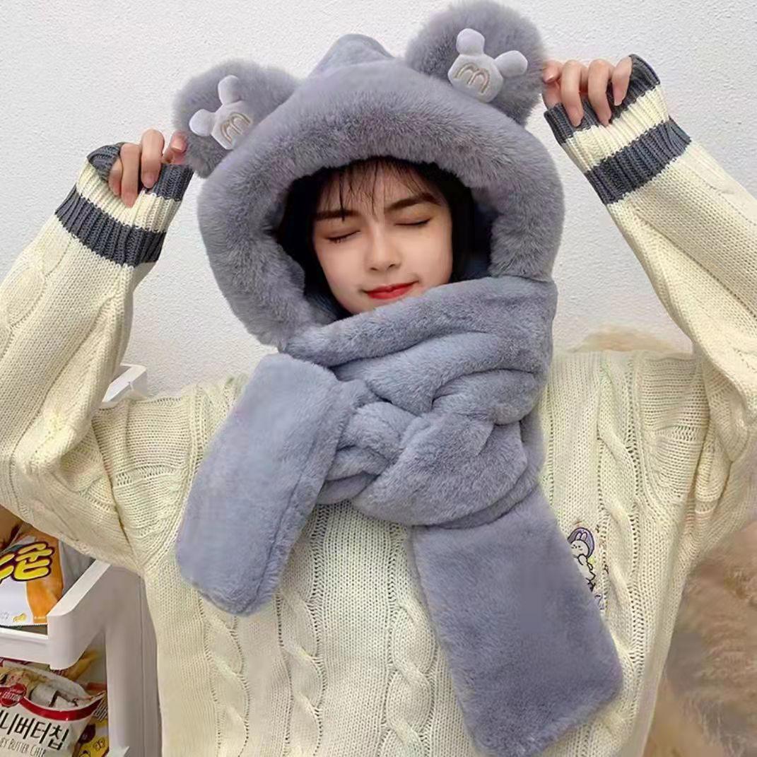Winter Bear Parent-Child Scarf, Hat & Gloves Set - Cute Cartoon Plush Neck Gaiter серый