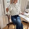 Womens Loose Fit Long Sleeve Blouse With Polka Dot Print Stand Collar Office Casual Shirt 2026