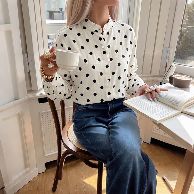Womens Loose Fit Long Sleeve Blouse With Polka Dot Print Stand Collar Office Casual Shirt 2026