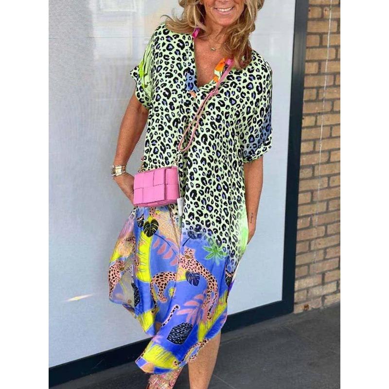 IHUASU Dámská móda léto jaro ležérní šaty s krátkým rukávem a výstřihem do V