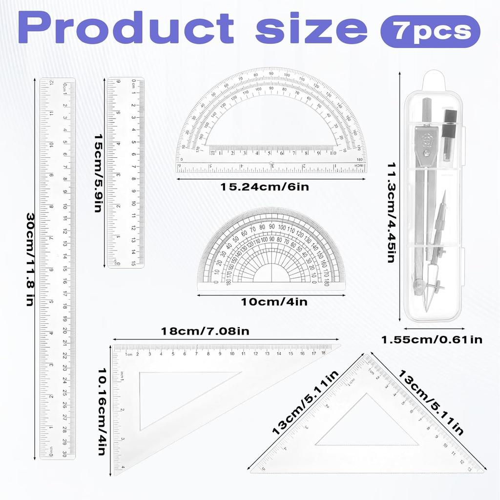 7PCS Geometry Math Set Plastic Clear 45/60 Degree Triangle Ruler 12 and 6 Inch Math Ruler 4 and 6 Inch Protractor and Compass Set with Box Measuring
