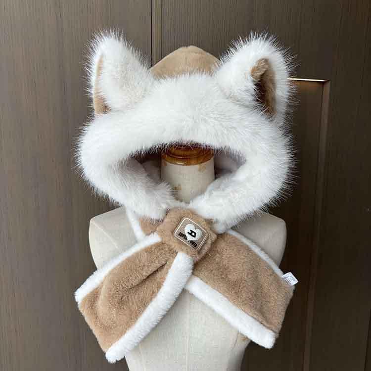 Fox ear hat women's new cute warm plush hat autumn and winter versatile fashion scarf scarf integrated hat