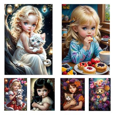 Diamond Painting Animal Cat Cross Embroidery Cute Girl 5D DIY Diamond Embroidery Colorful Mosaic Room Home Decoration Gift
