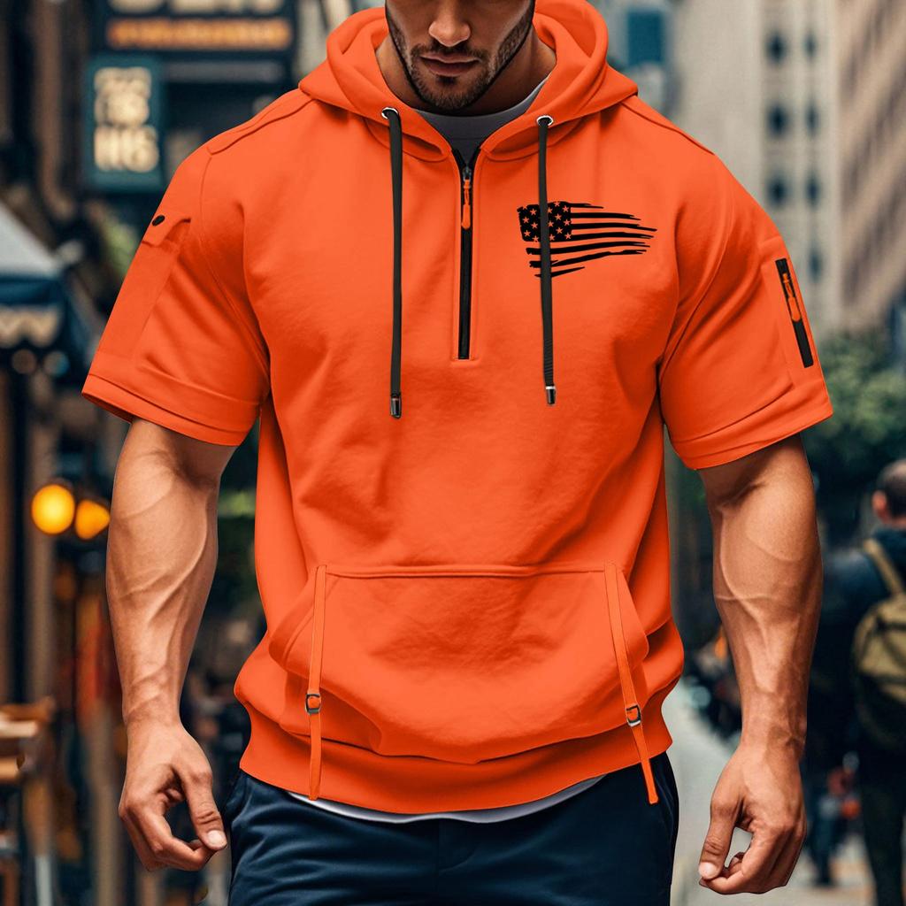 Men's Summer Shirt Print Zipper Pocket Short Sleeve Hooded Sweatshirt Men's Sports Large Size Casual Sweatshirt