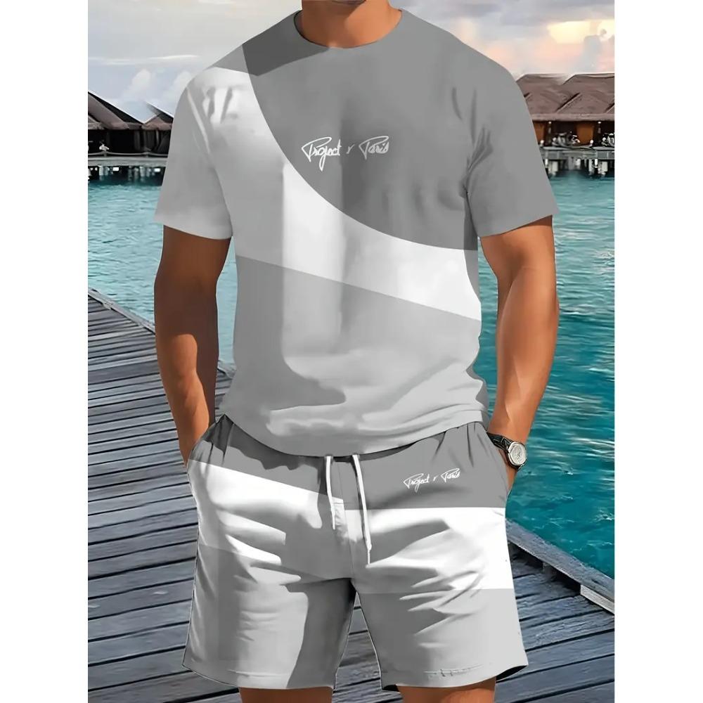 Summer Men's Short Sleeved Shorts 2-piece Set with Plus Size Stitching Color T-shirt Shorts, Clothing Pocket Elastic Waist Shorts