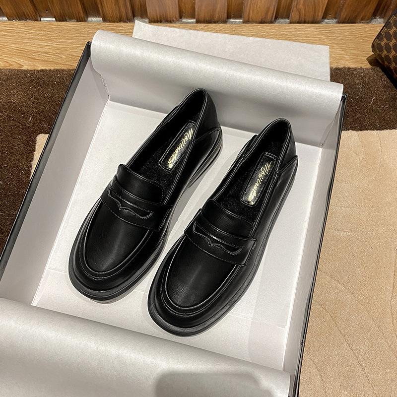Fashion 2025 Preppy Women Small Leather Shoes Winter Cotton Fur Flats Warm Slip On Loafers Traf Ladies Thick Heel Oxfords Big Size 34-44
