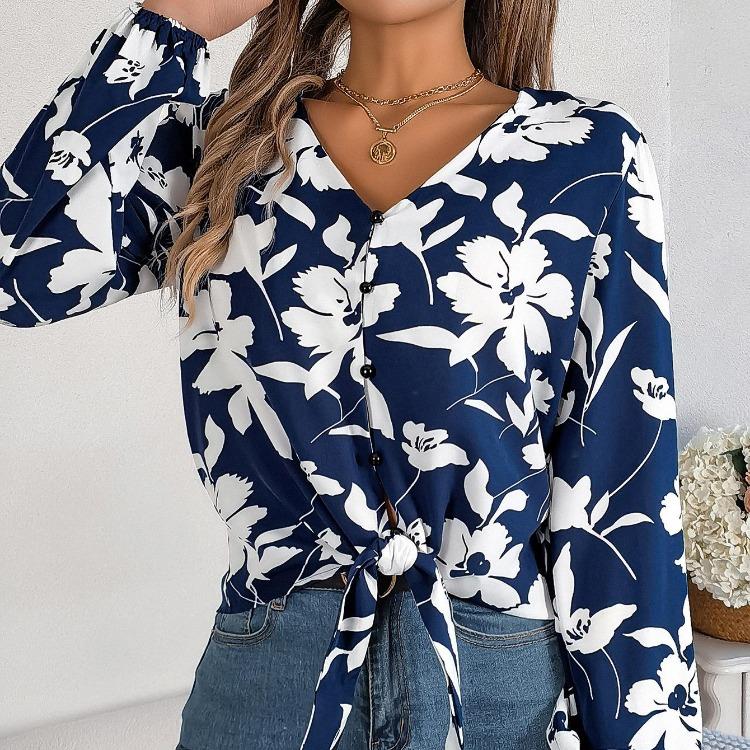 Women V-Neck Long Sleeve Blouse Stylish Print Shirt for Spring Autumn Season