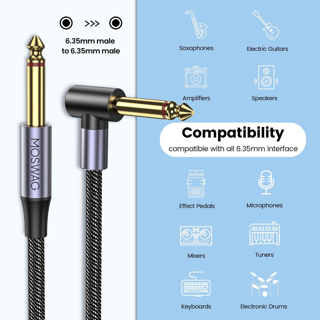 MOSWAG 6,35 mm Gitar Skjermet Kabel, 3 Meter (5m), 6,35 mm lydinstrumentkabel for mikrofoner, forsterkere, lyd, gitarer og 6,35 mm TS elektrisk