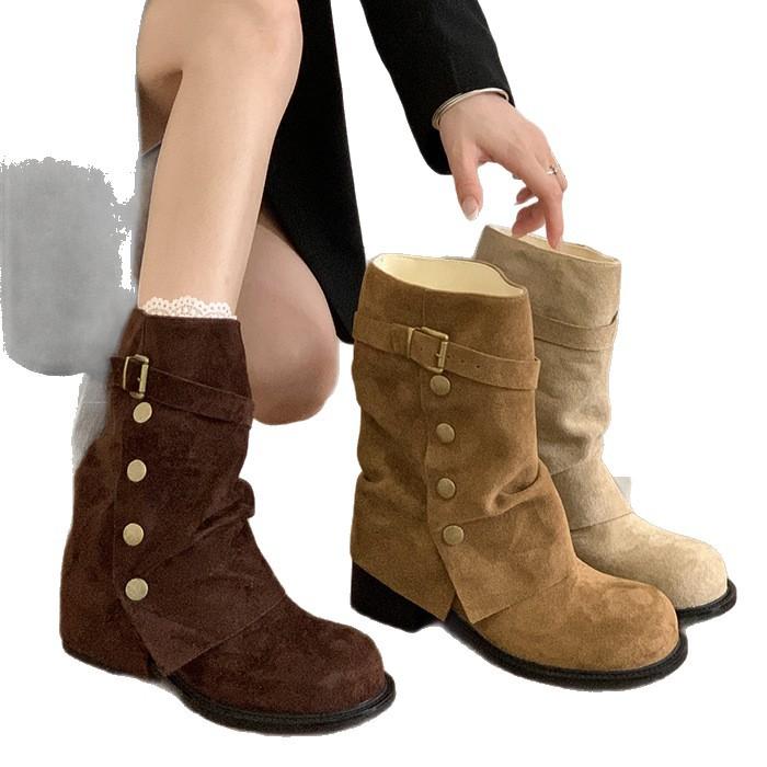 Brown Maillard Style Retro Thick-heeled Boots Children's 2025 New Autumn Skirt with Thin and Heightened Trousers Short Boots