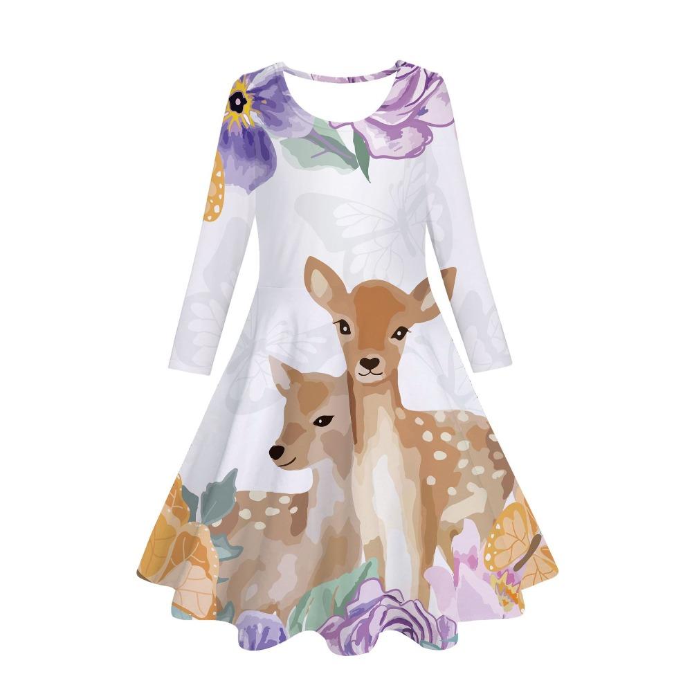 Girls' 3D Wildflower Deer Dress Long Sleeve Summer Spring Vacation Daily Holiday Princess Beautiful Sweet Kids 4-12 Years Casual Dress A Line Dress
