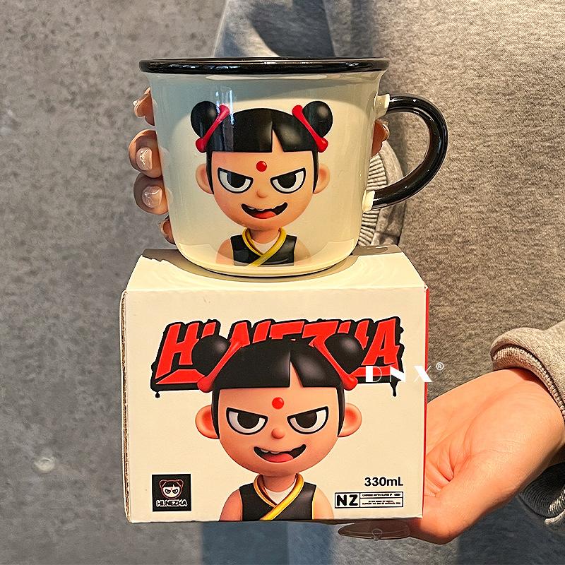 The new Nezha ceramic milk cup microwave can be heated to children's drinking cup graduated oatmeal cup souvenir