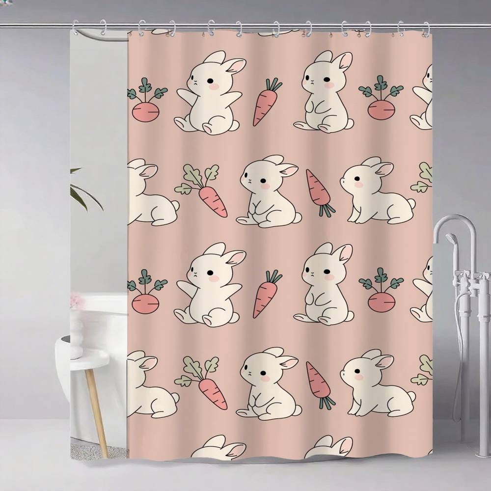 Cute Rabbit With Carrot Shower Curtain, Bathroom Decorative Shower Curtain, Waterproof Shower Curtain With Hooks