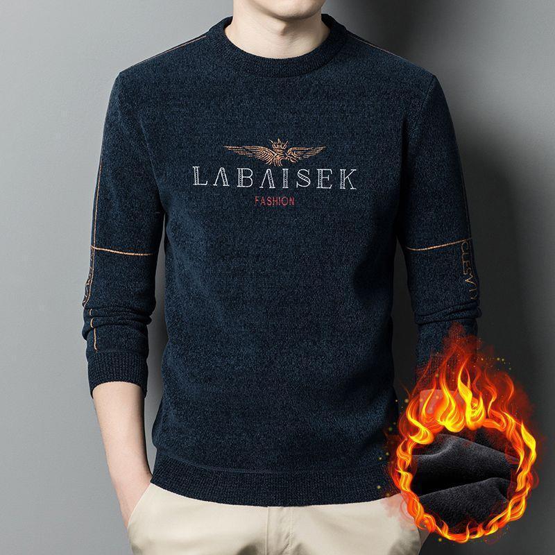 Winter Men's Crewneck Long Sleeve Sweater New Men's Chenille Plus Fleece Knit Sweater Men's Casual Men's Undercoat