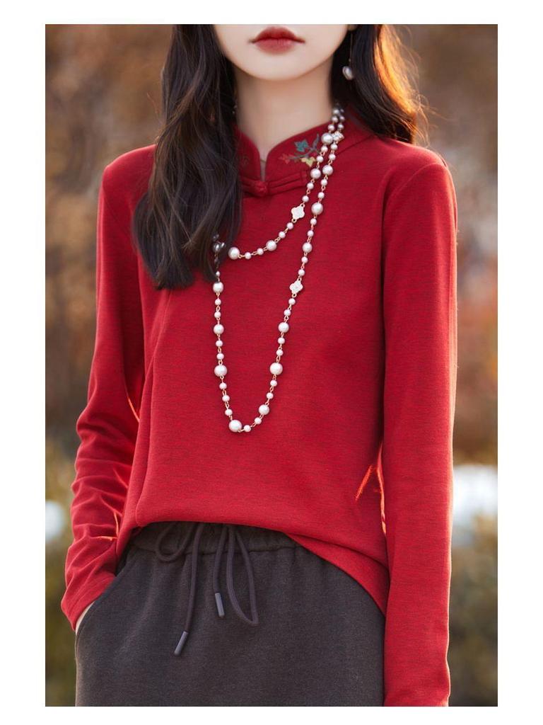 Women's Plus Size Embroidered Stand Collar Long Sleeve Warm Shirt for Autumn/Winter