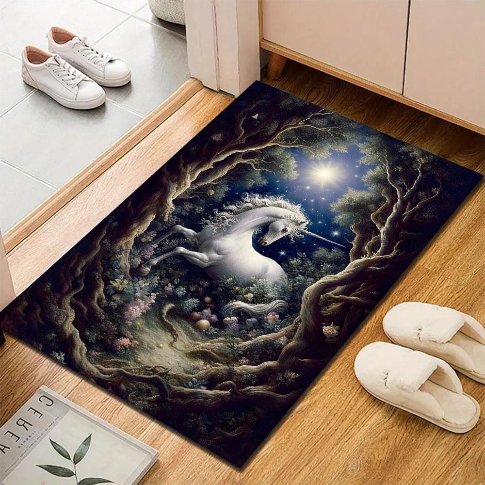Majestic Unicorn in Enchanted Forest Patterned carpet, suitable as a non slip play mat for the living room and bedroom sofa