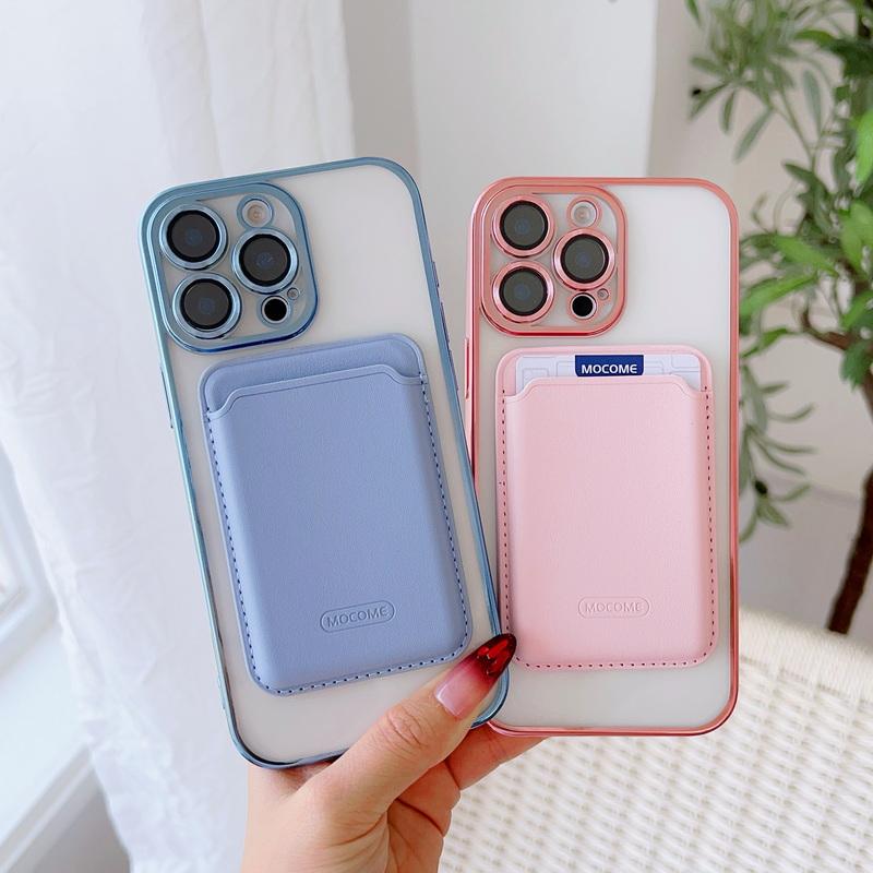 With Leather Card Slot Clear Magnetic Case For iPhone 16E 16 Pro Max 15 14 13 12 11 Lens Film Protection TPU Soft Shockproof for Magsafe Phone Cover
