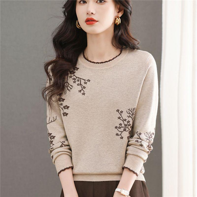 Winter Women's Wool Sweater  Crew neck Printed Wool Sweater Soft Warm Knit Pullover