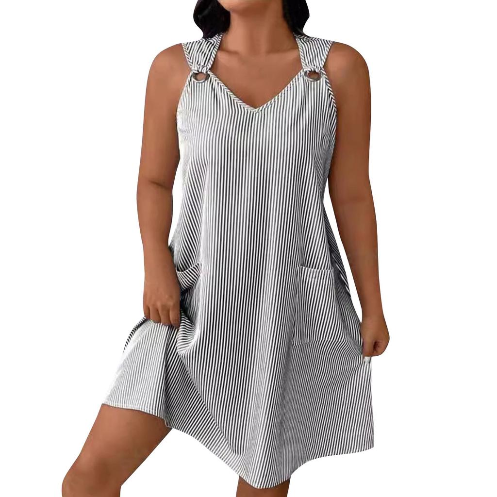 Women's Fashion Casual Skirt With Round Neck Pocket Striped Suspenders