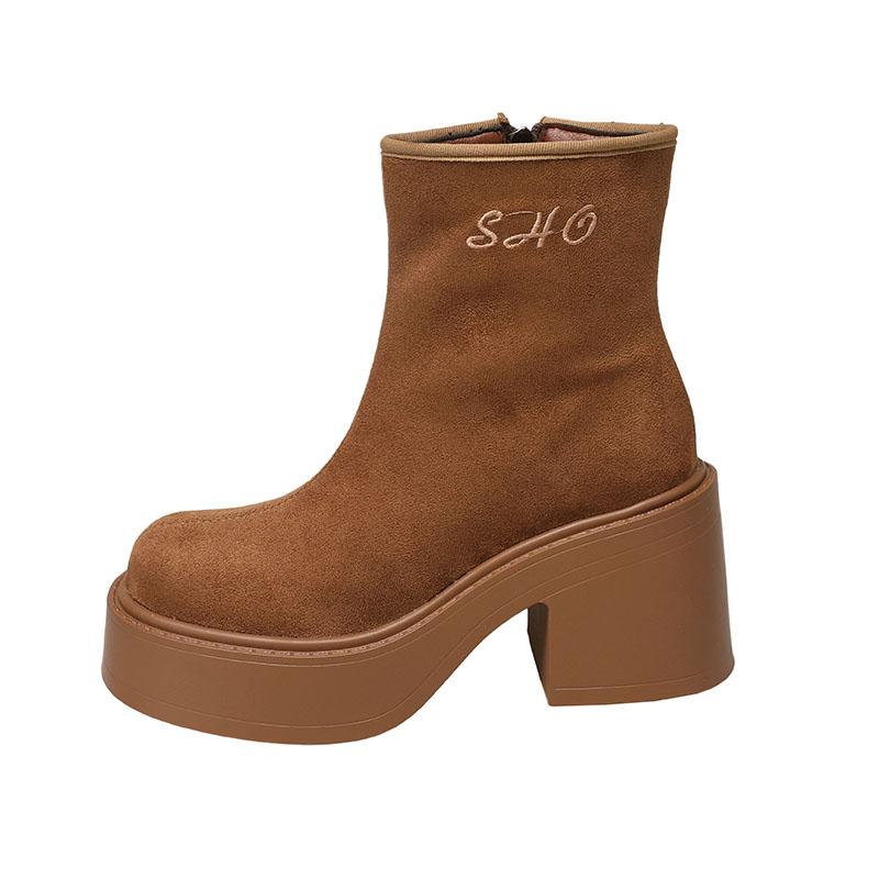 New Women's Platform Boots Autumn Suede Fashion Ankle Boots Elastic Slip On Woman Shoes Casual Solid Chunky High Heel Boots