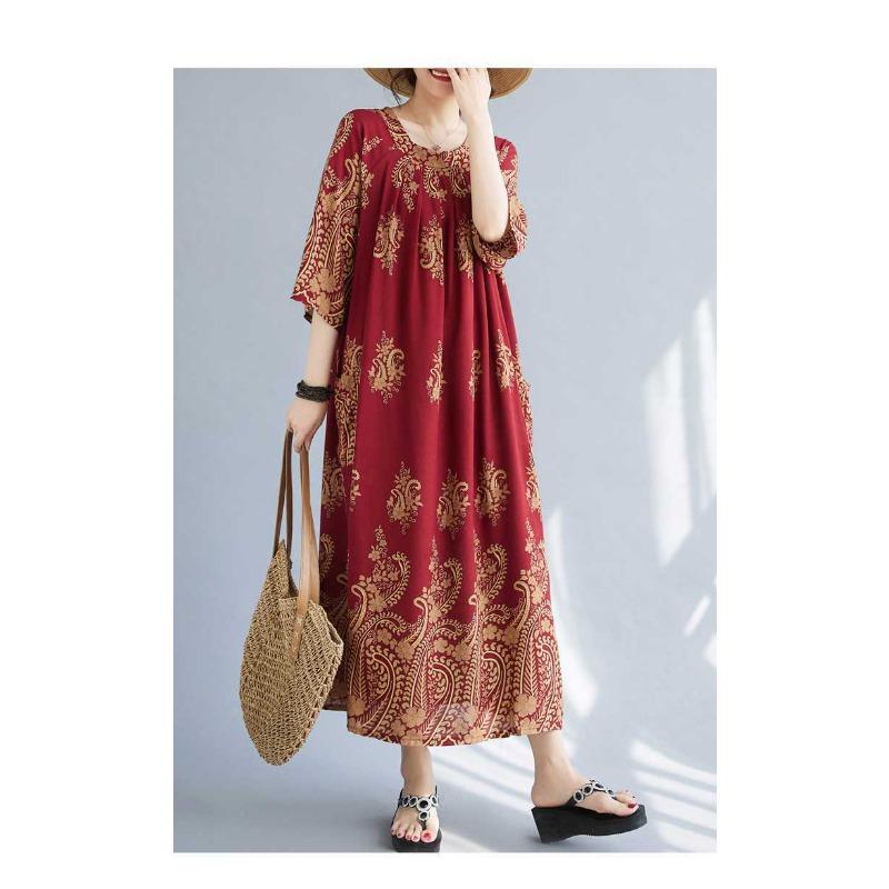 Neue Große Größe Literarischer Rundhals Locker Blumencover Fleisch Dünne Kleider