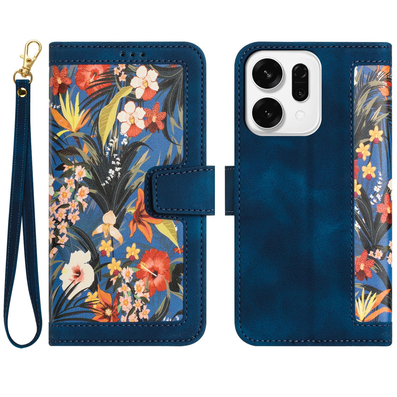 

For Oppo Reno14 Pro 5G (Global)/Reno13 Pro 5G Case PU Leather Floral Phone Cover with Card Slots/Wrist Strap Dark Blue