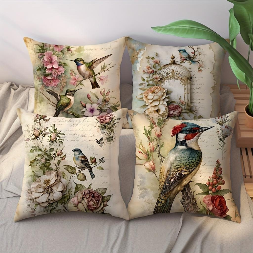 Vintage Bird And Flower Romantic Floral Pillowcasebedroom Living Room Sofa Home Decor Polyester Cushion Cover With Zipper