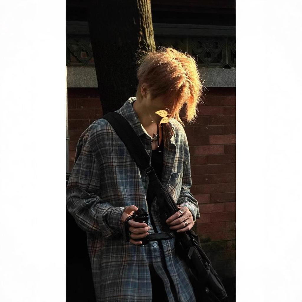 Unisex Trendy Plaid Long Sleeve Shirt with Frayed Hem - Versatile Retro Street Style for Spring and Autumn