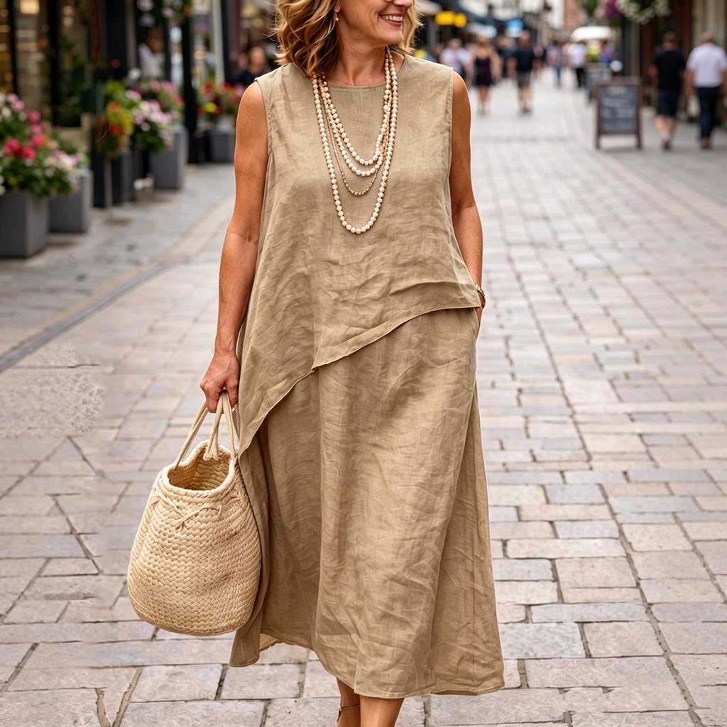 Ärmelloses Leinenkleid für Damen Asymmetrischer Saum Lockerer Schnitt Lässiges Midi-Kleid Hohe Taille Sommer-Outfit Leichtes Atmungsaktives Gewebe