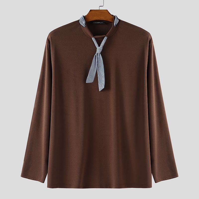 INCERUN Spring Men Striped Tie Long Sleeve Casual Loose Pullover T-shirts Tops