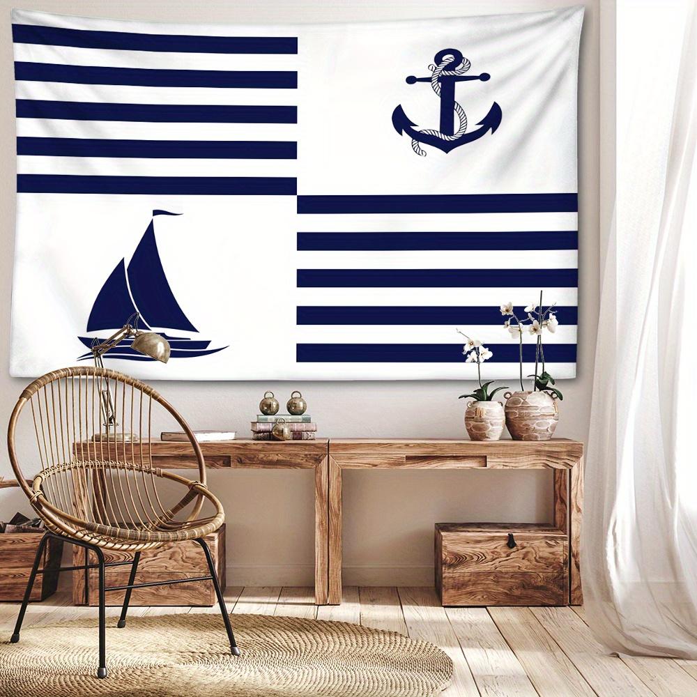 1 Stück Nautische Anker und Segelboot Wandteppich - Blau und Weiß gestreiftes Maritimes Thema Wandbehang, Polyester Gewebt, Tier Grafik Dekor für Bett