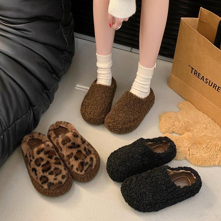 

Casual muffin thick-bottomed bag head fluffy slippers women wear leopard print velvet to keep warm and increase height cotton half drag 40 леопард друку кольору