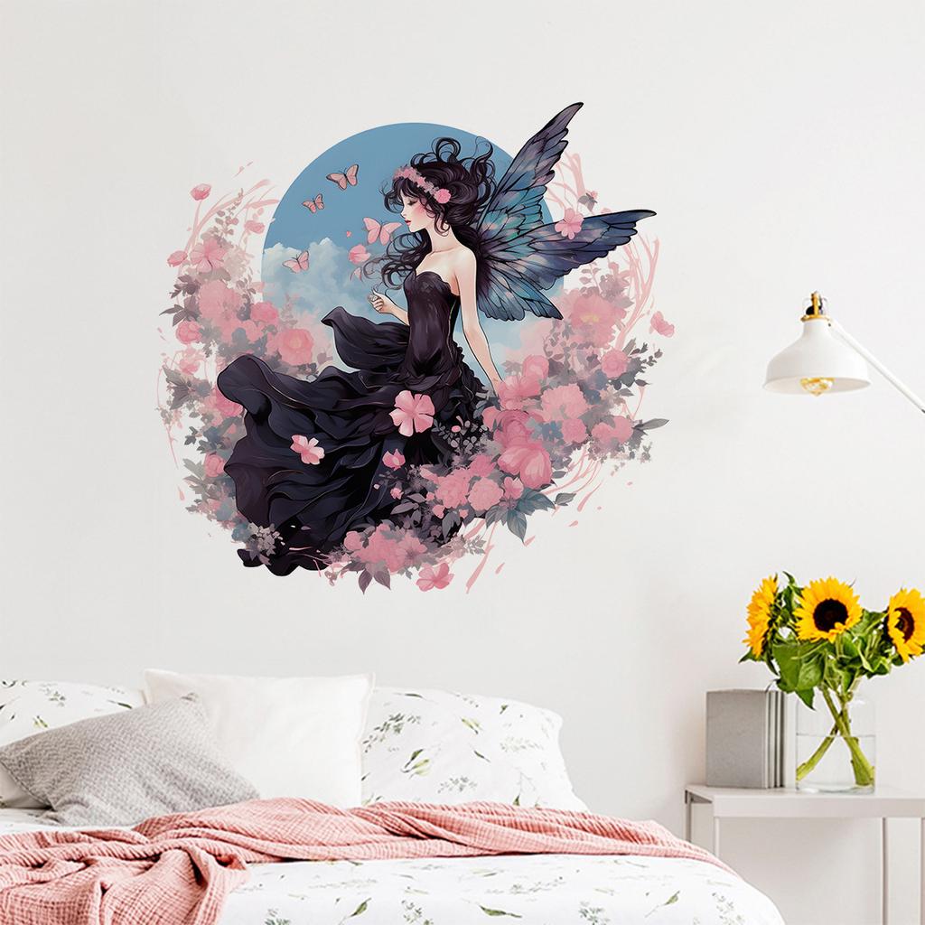 Cute Cartoon Fairy Girl with Flowers Butterflies Wall Sticker for Girls Room Dorm Decoration Friends Bedroom Decor
