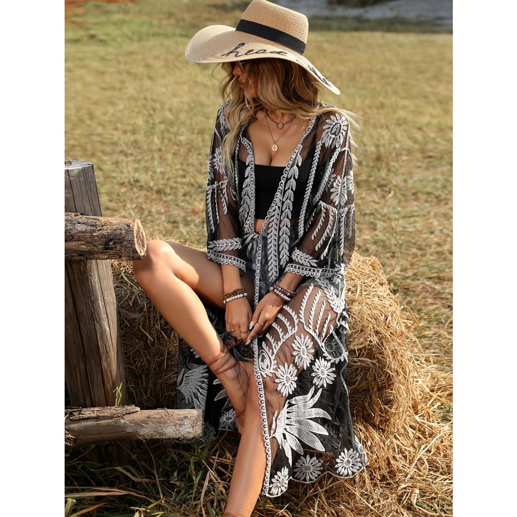 Bohemian Knit Lace Maxi Kimono Cover-Up, Elegant Beach Swimwear Cover Up, Poolside Vacation Outerwear