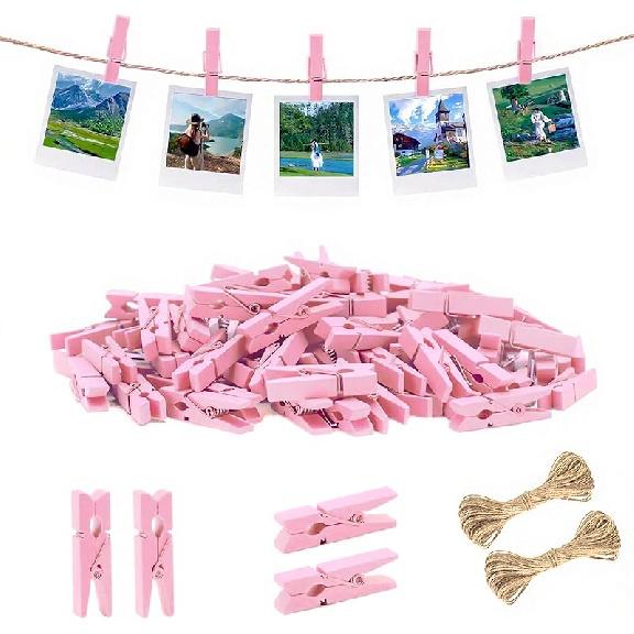 jijAcraft Mini Clothesp with String - 100Pcs Small Wooden Clothes P, Natural Brown Photo Hanging Clips, Craft Clips for Picture, Cocktails Decor,