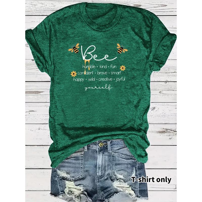 Women's Casual and Fashionable T-shirt with A Round Neck and Short Sleeves Featuring Bee and Letter Patterns