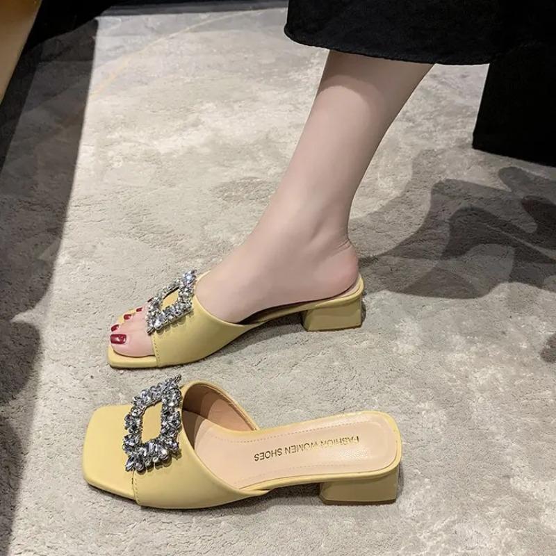 Fashion Women's Slippers Summer 2024 Rhinestones Mid Heel Elegant Sandals  Fashion Outdoor Beach Shoes Slides Chanclas Mujer Playa