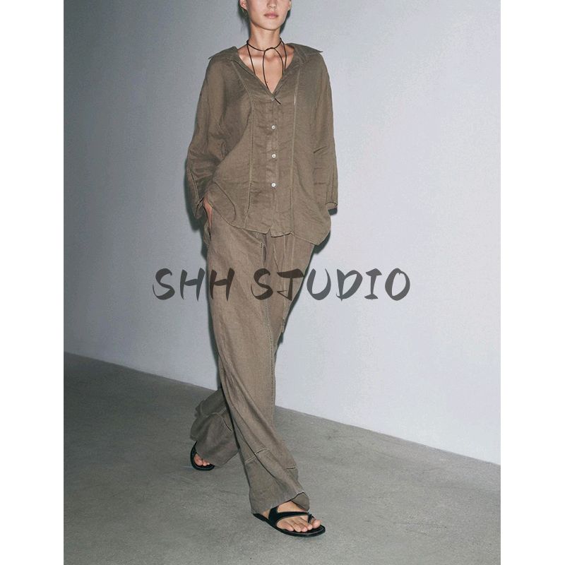 Idle Style Simple Lapel Casual Shirt 4043058 Linen Blended Mid Waist Wide Leg Pants 4043059
