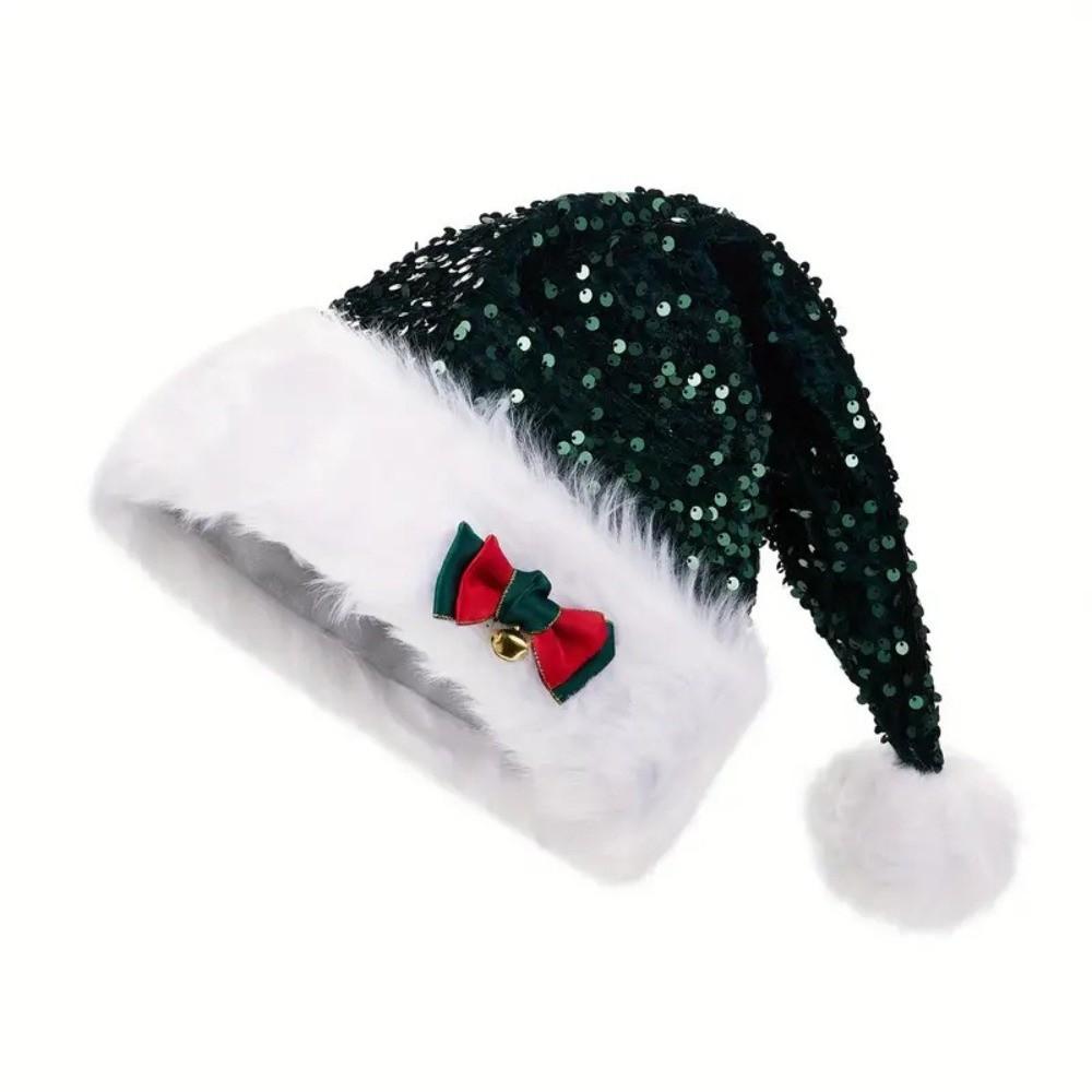 Portable Sequin Santa Hat with Bow Bell White Trim Trim Xmas Hat Christmas Costume Headwear Adults and