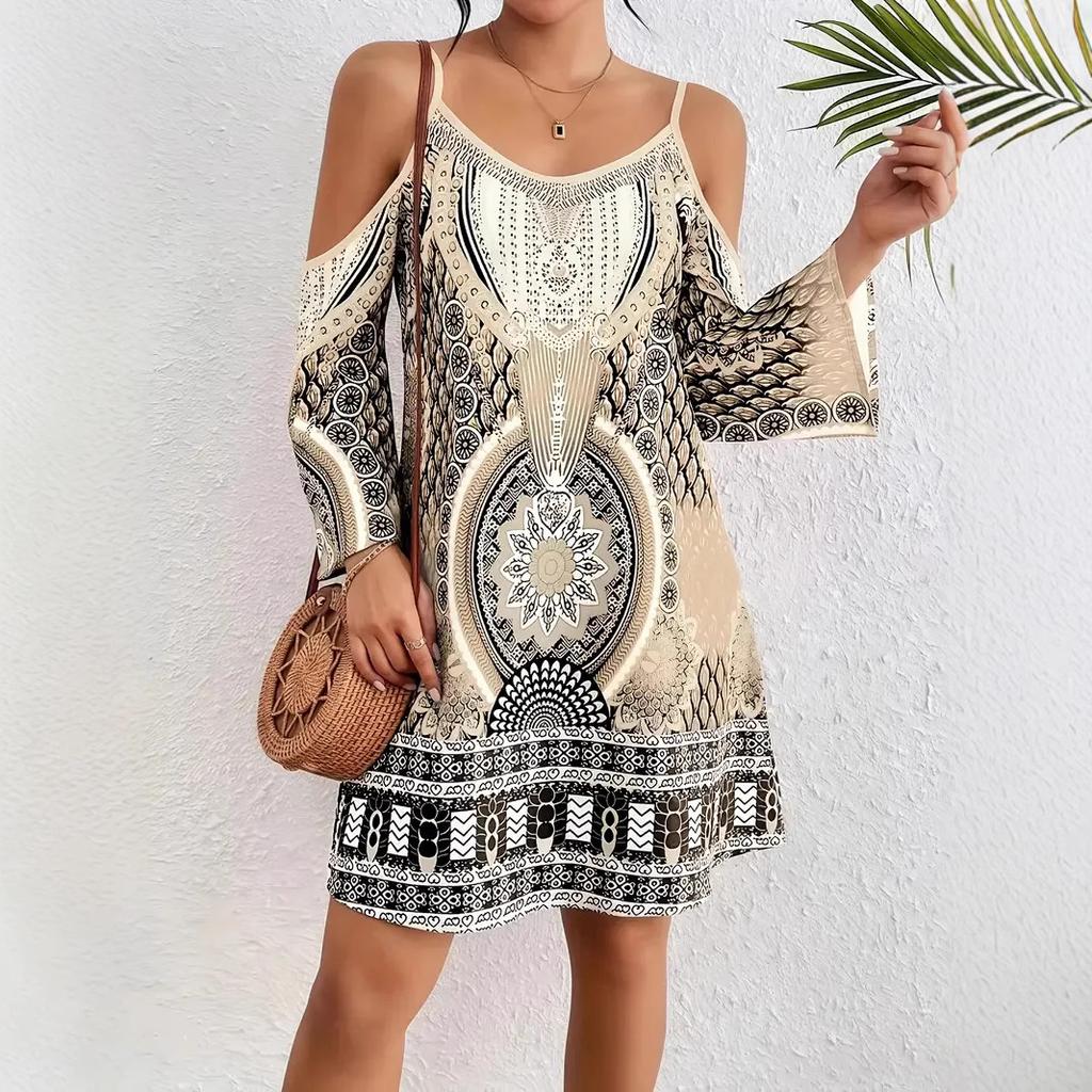 Women's Boho Geometric Print Cold Shoulder Spaghetti Strap Flare Sleeve A Line Mini Dress