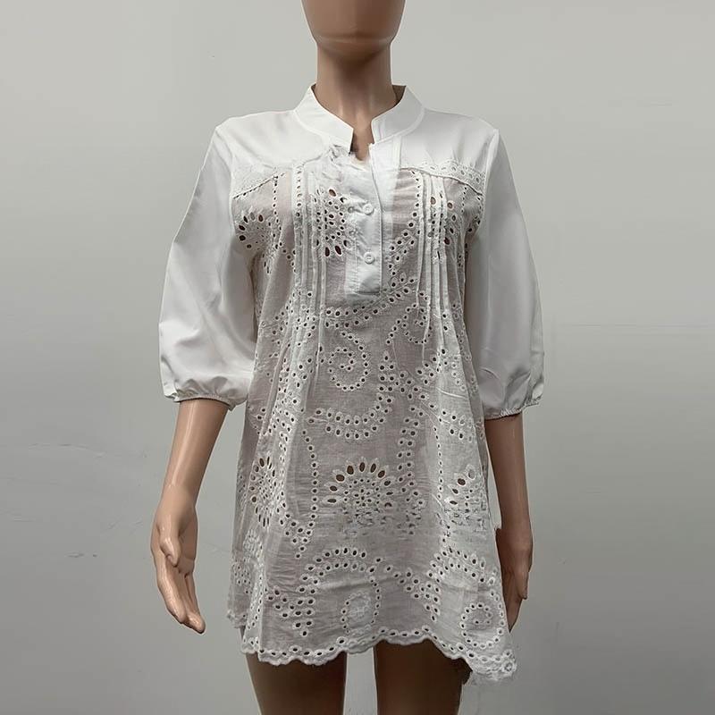 Bílá dámská košile Nová móda Elegantní Jednobarevná Kulatý výstřih Volná dámská halenka Vintage Krátký rukáv Větší velikosti Topy Prolamované Dámské košile